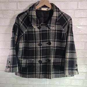 DNKY Short Pea Coat Jacket Black & White Plaid 3/4 Sleeve Wool Blend XL